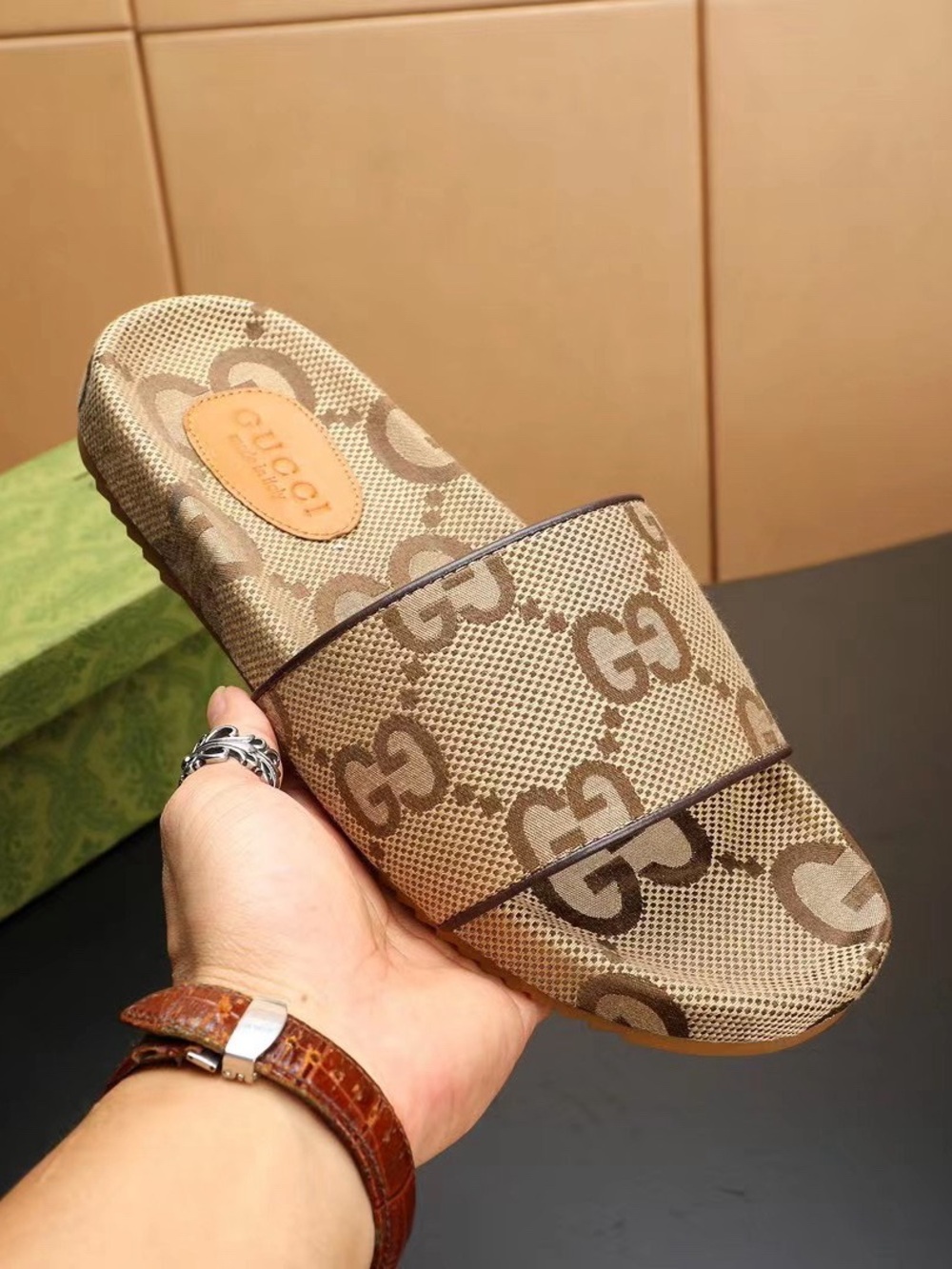 Gucci Beige Brown GG Canvas Slide Sandals - Picture 5 of 6